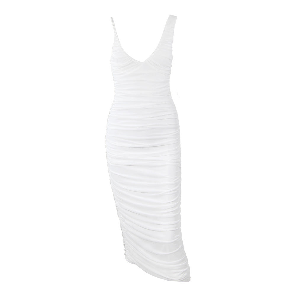 TFE: Luminous CascadeWhite Mesh Irregular Long Skirt & Pleated Sleeveless Dress