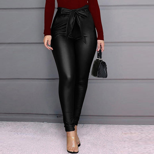 TFE: Sleek Sophistication: Buttoned Knot Bow PU Leather Leggings