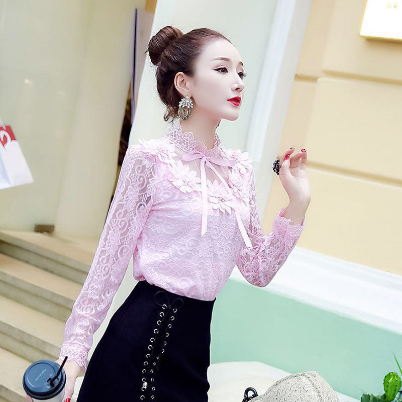 TFE: Whimsical Blossom: Lace Bow Long Sleeve Blouse