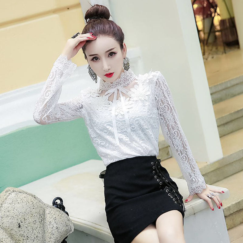 TFE: Whimsical Blossom: Lace Bow Long Sleeve Blouse