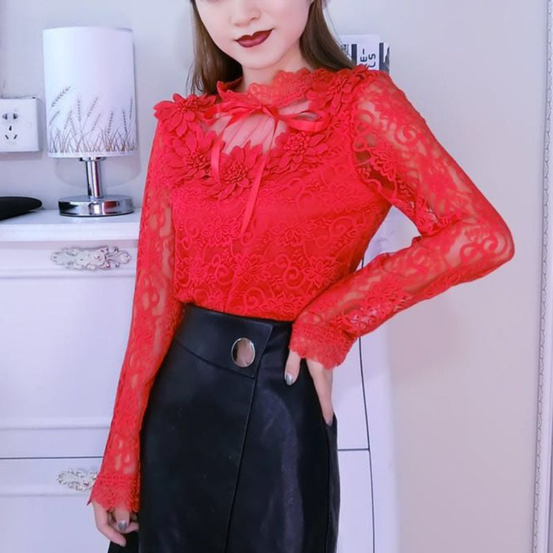 TFE: Whimsical Blossom: Lace Bow Long Sleeve Blouse