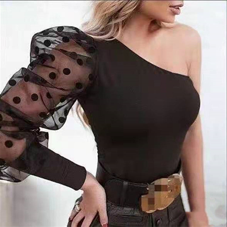 TFE: Spotlight Seduction Polka Dot Mesh One-Shoulder Pullover