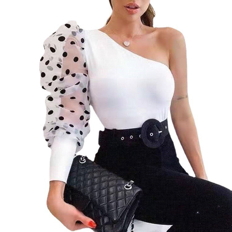 TFE: Spotlight Seduction Polka Dot Mesh One-Shoulder Pullover