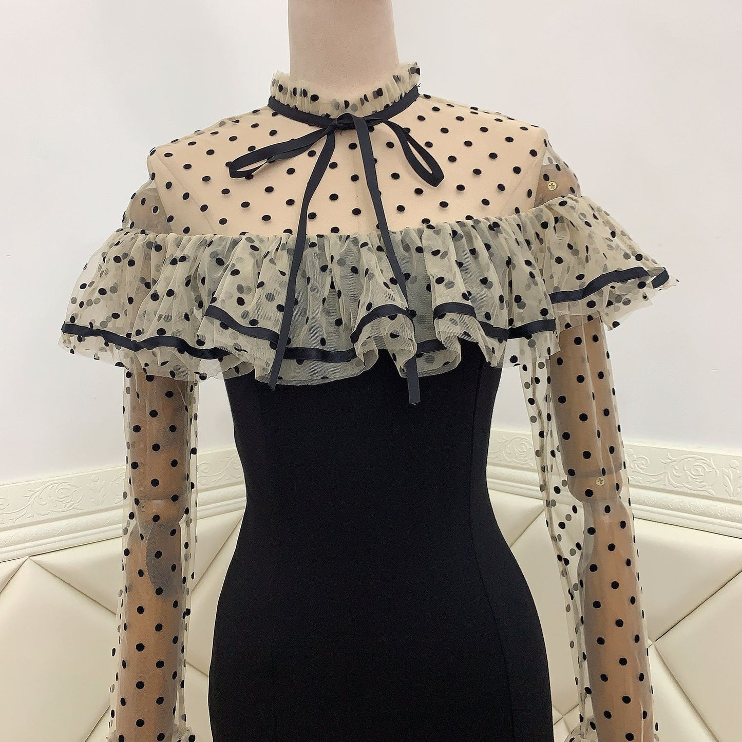 TFE: French Romantic Polka Dot Mesh Slim Mid-length Dress