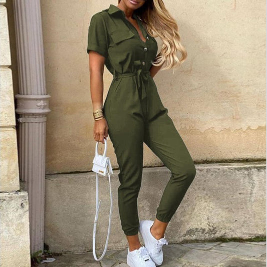 TFE: Printed Belt Work Overalls Short Sleeves Jumpsuit