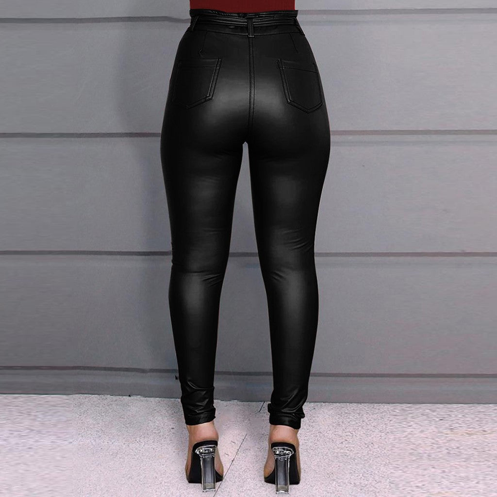 TFE: Sleek Sophistication: Buttoned Knot Bow PU Leather Leggings