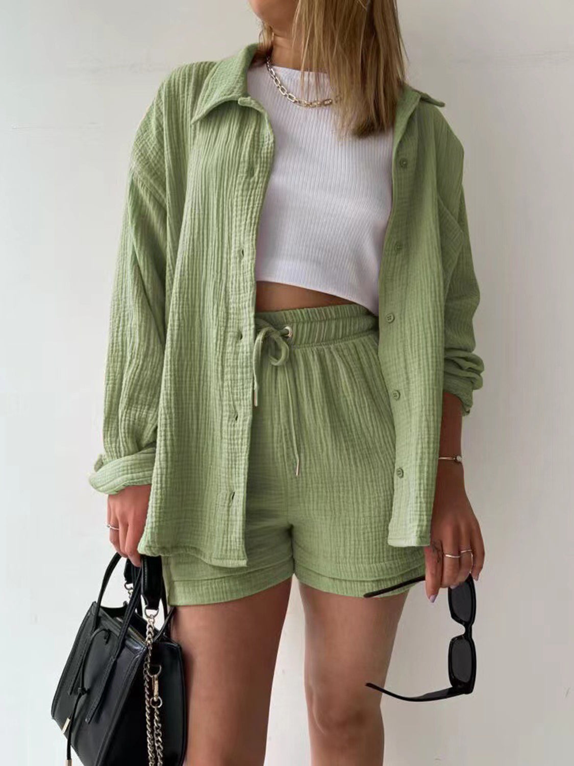 TFE: Texture Button Up Shirt and Drawstring Shorts Set