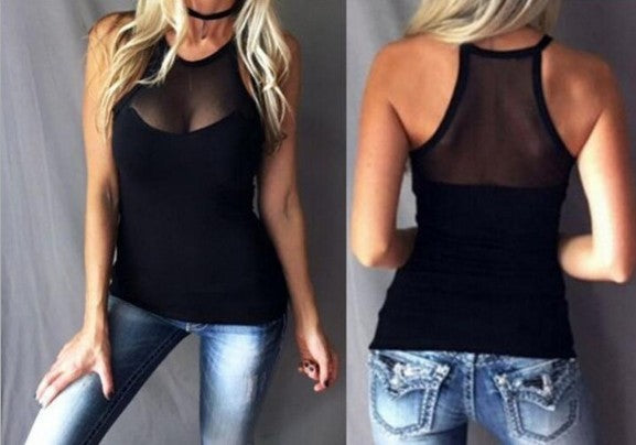 TFE: Sensual Mesh Whispers Black  Round Neck Casual Chic Top