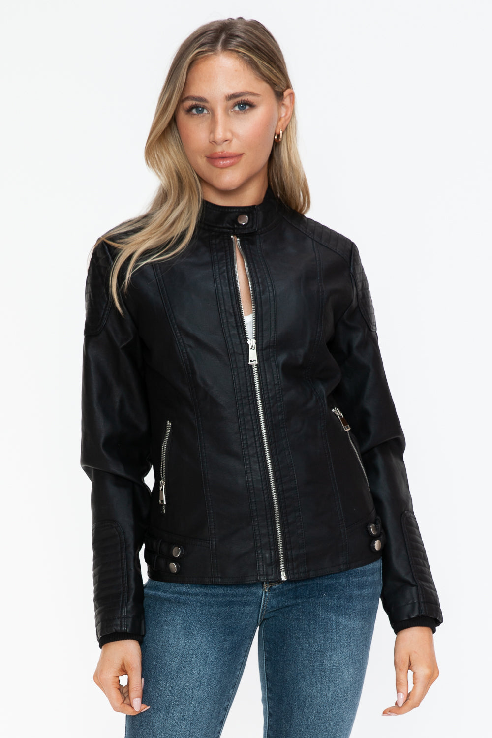 TFE:Snobbish Faux Leather Biker Jacket with Side Zip Pockets