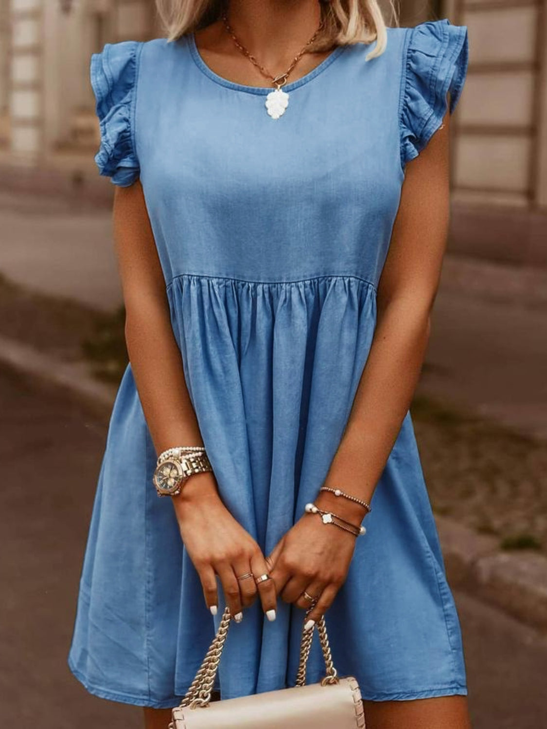 TFE: Full Size Ruffled Round Neck Cap Sleeve Denim Dress