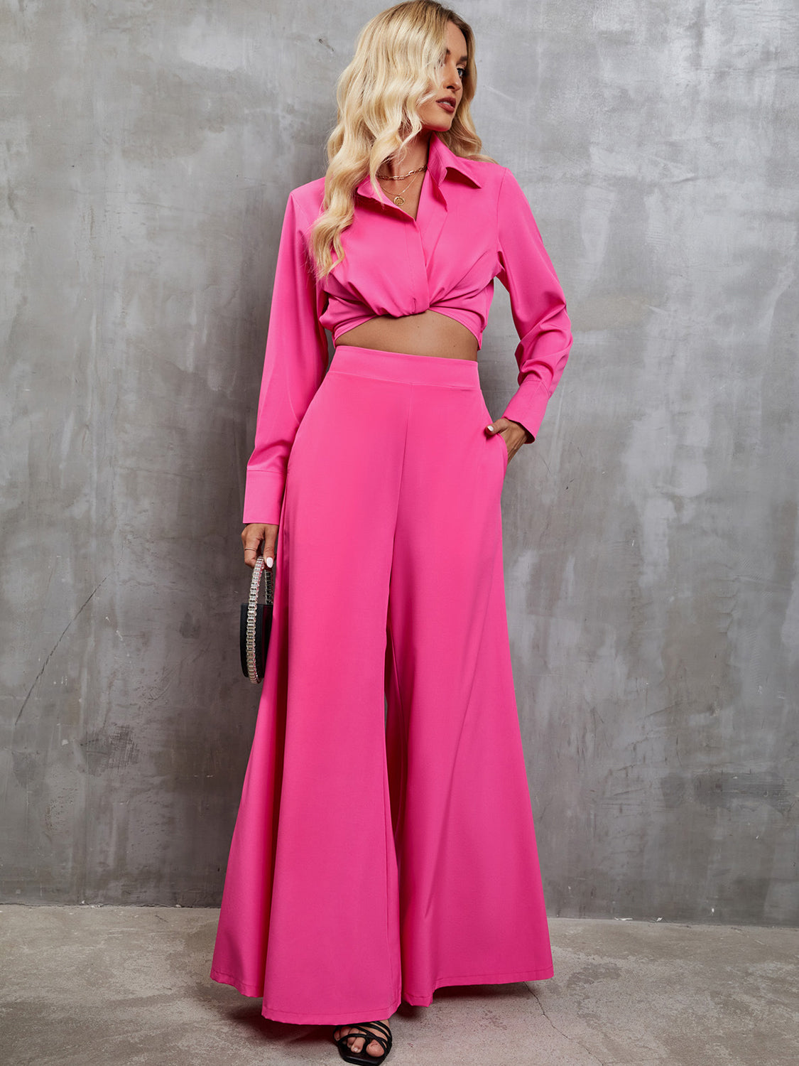 TFE: Collared Neck Long Sleeve Top and Wide Leg Pants Set