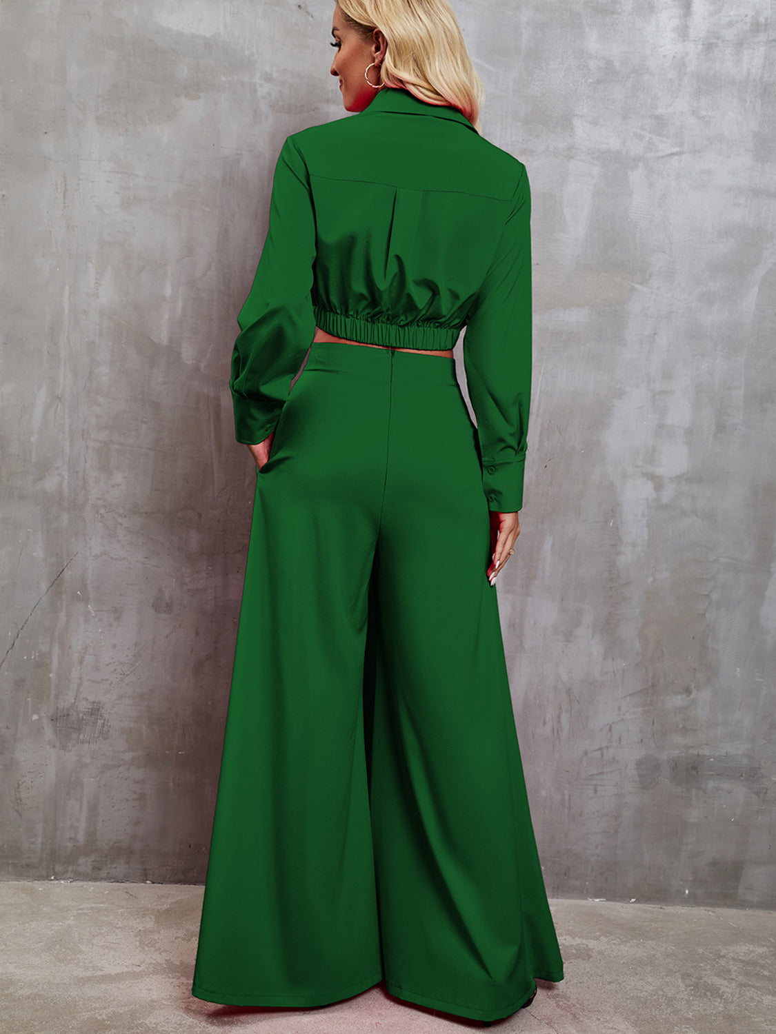 TFE: Collared Neck Long Sleeve Top and Wide Leg Pants Set