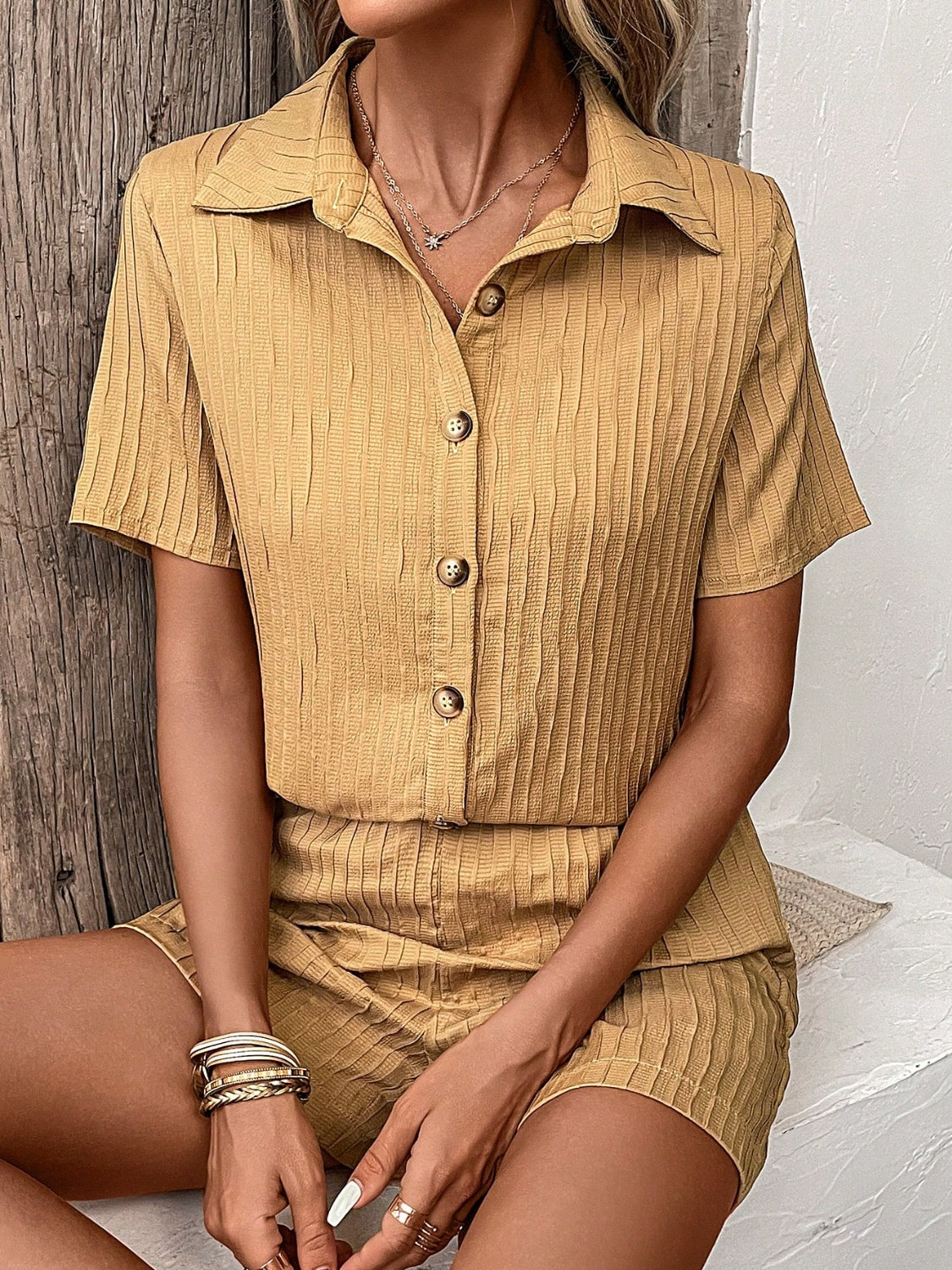 TFE: Sunrise Serenity Textured Shirt & Shorts Ensemble