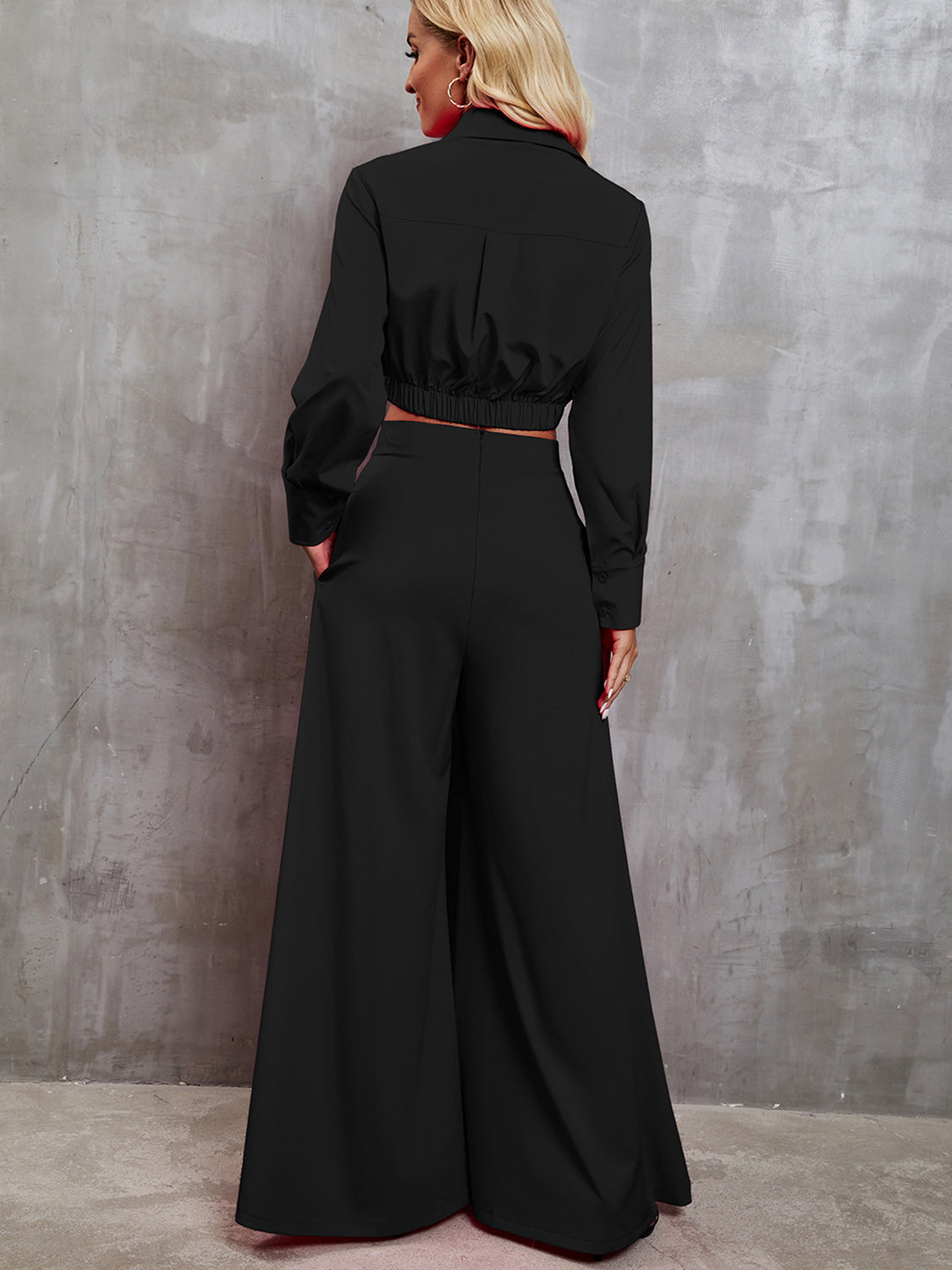 TFE: Collared Neck Long Sleeve Top and Wide Leg Pants Set