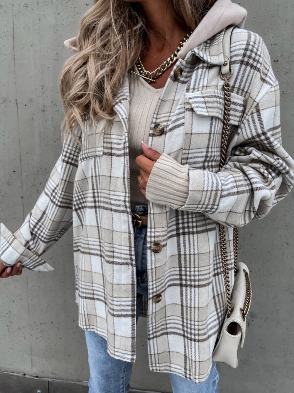 TFE:Plaid Button Up Hooded Jacket