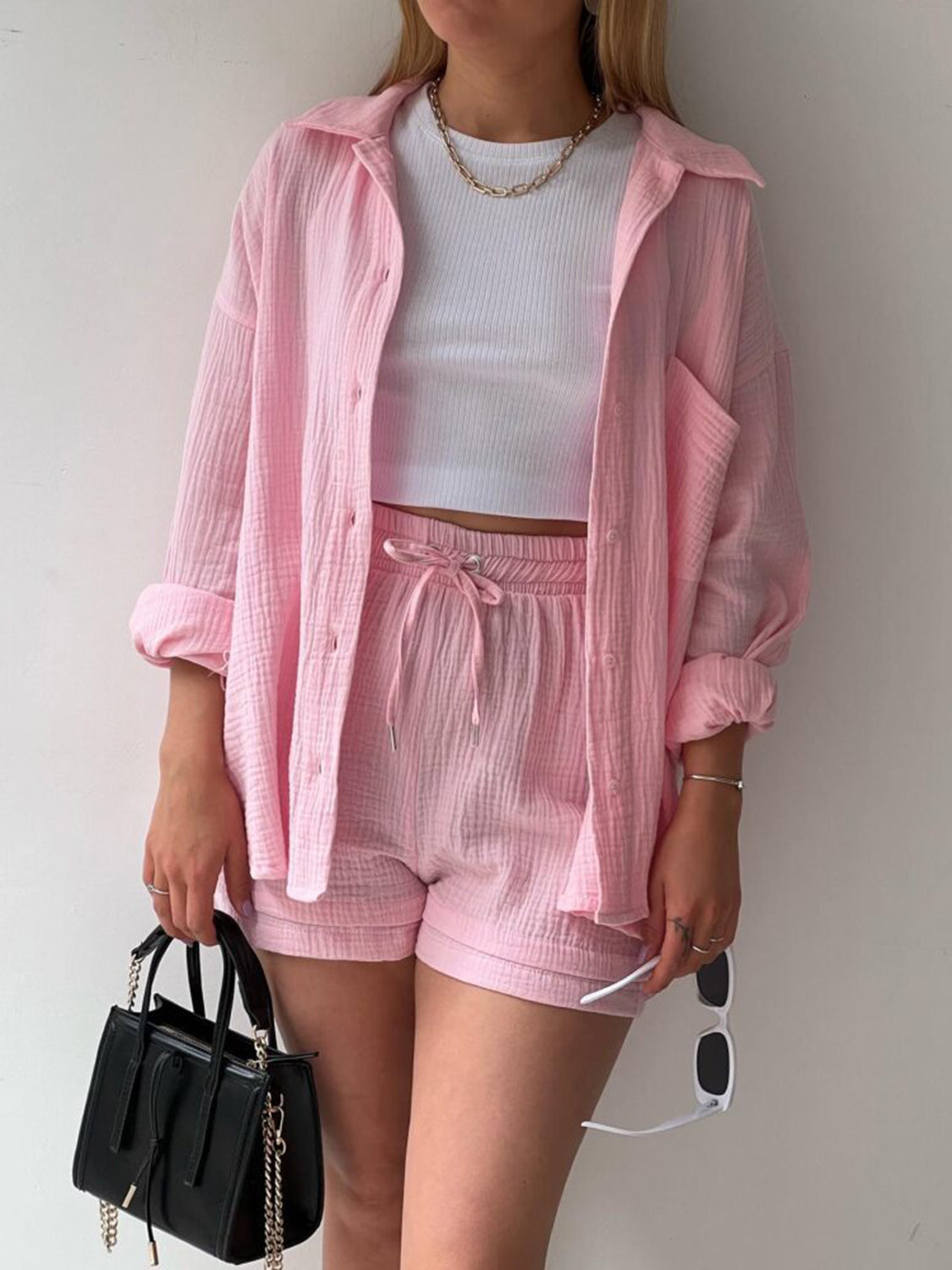 TFE: Texture Button Up Shirt and Drawstring Shorts Set