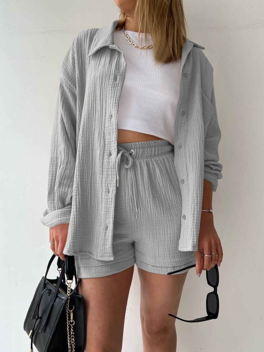 TFE: Texture Button Up Shirt and Drawstring Shorts Set