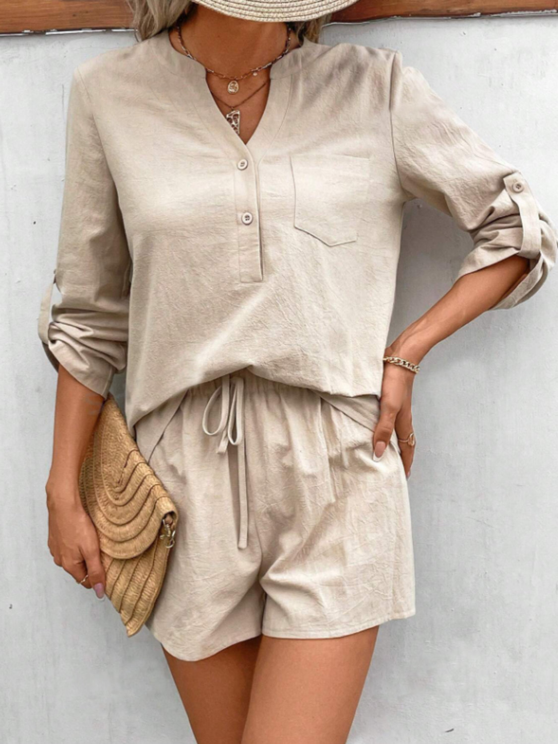 TFE: Notched Long Sleeve Top and Shorts Set