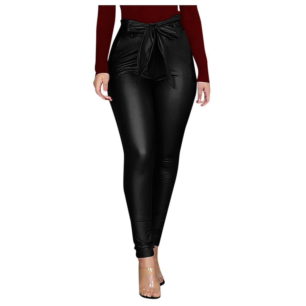 TFE: Sleek Sophistication: Buttoned Knot Bow PU Leather Leggings