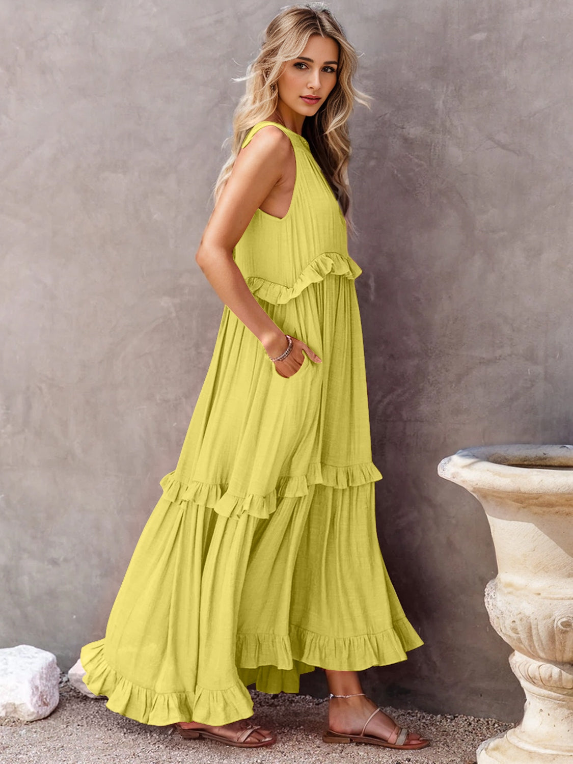 TFE: Ruffled Sleeveless Tiered Maxi Dress with Pockets