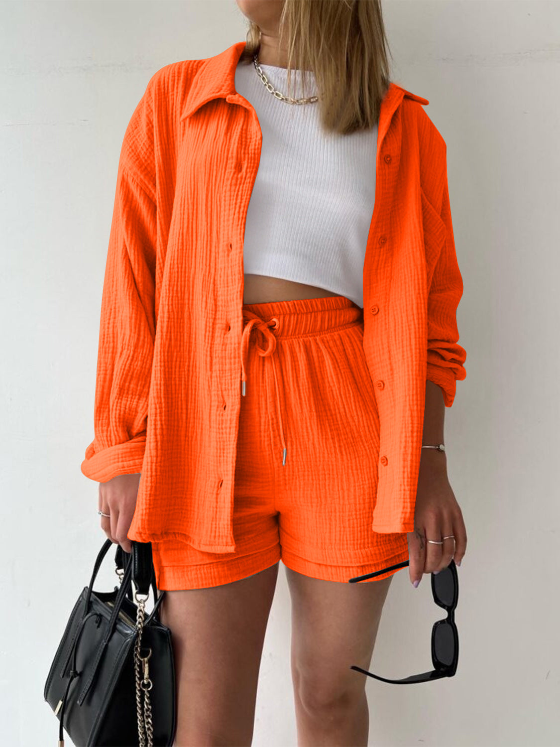 TFE: Texture Button Up Shirt and Drawstring Shorts Set