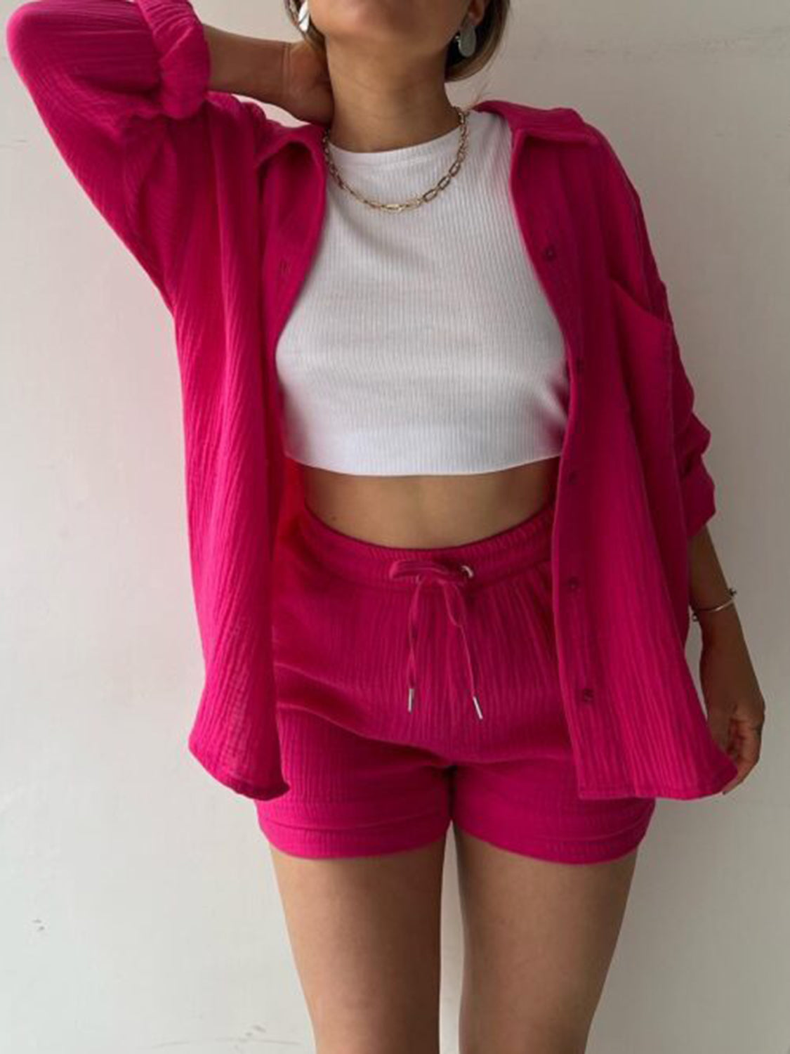 TFE: Texture Button Up Shirt and Drawstring Shorts Set