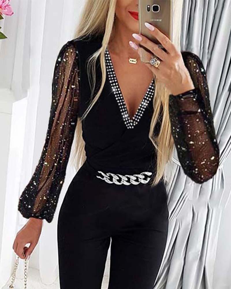 TFE: Women's V-neck Rhinestone Mesh Jumpsuit