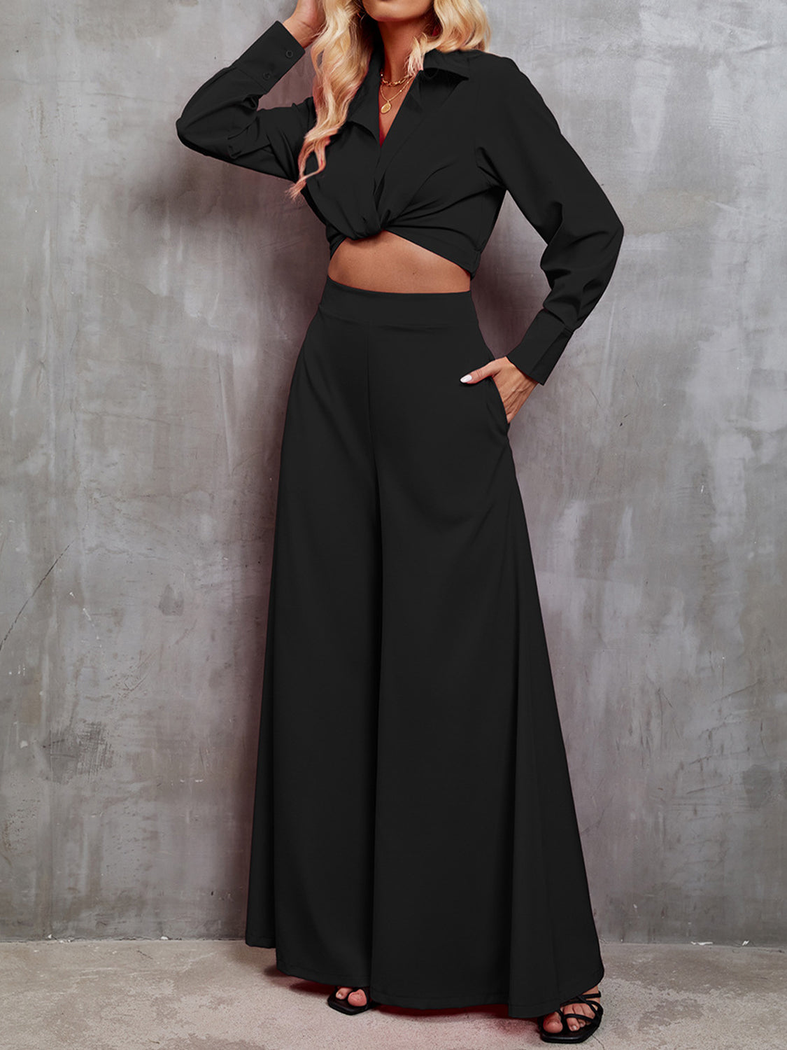 TFE: Collared Neck Long Sleeve Top and Wide Leg Pants Set