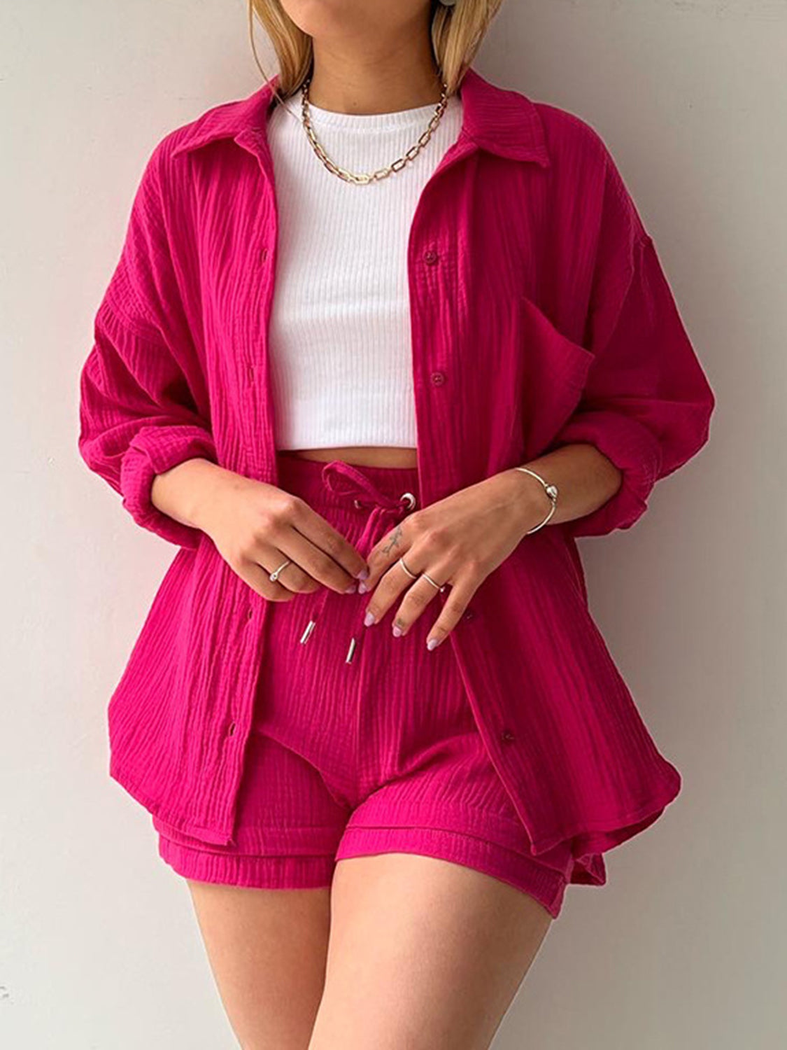 TFE: Texture Button Up Shirt and Drawstring Shorts Set