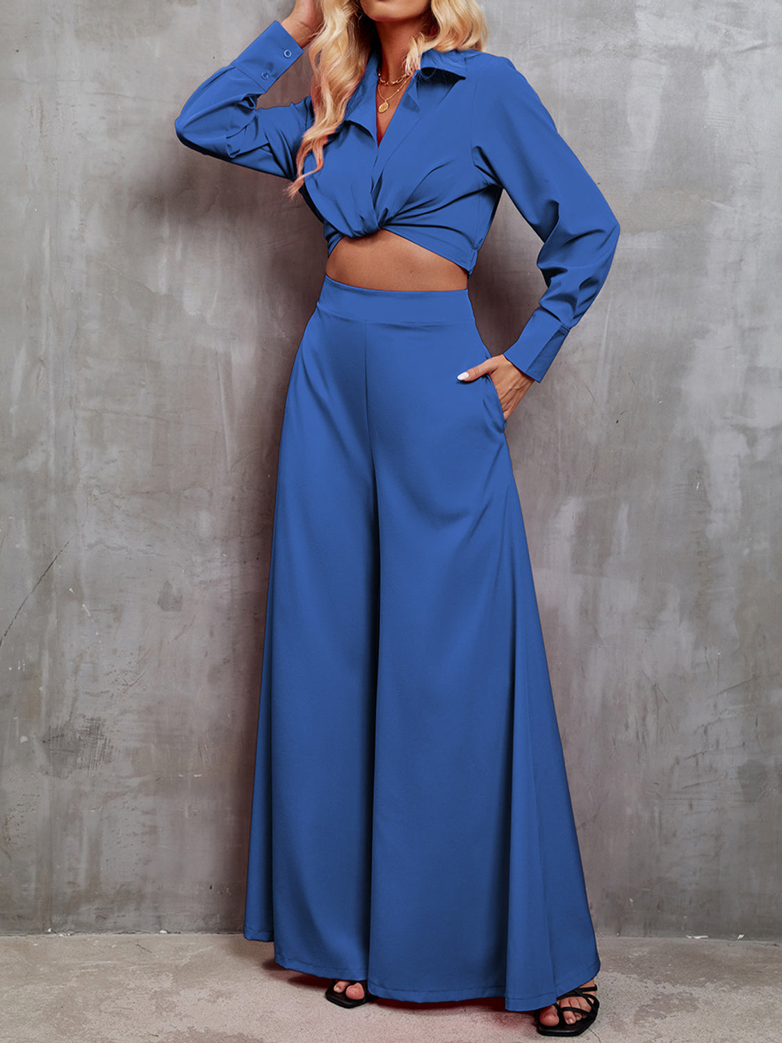 TFE: Collared Neck Long Sleeve Top and Wide Leg Pants Set