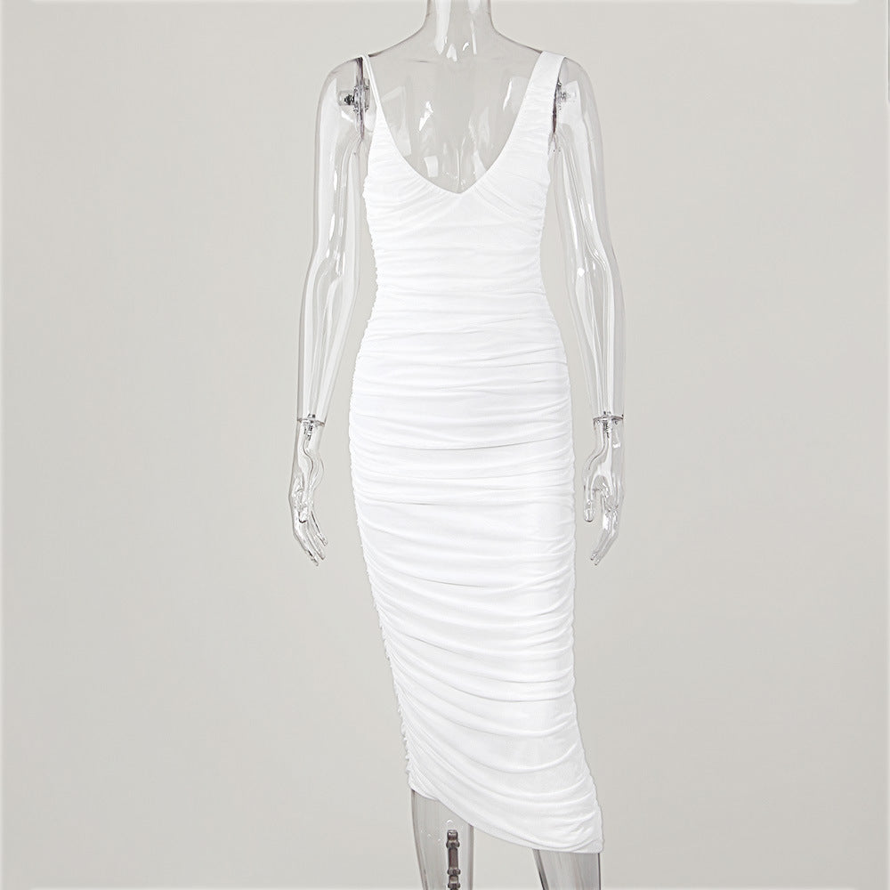 TFE: Luminous CascadeWhite Mesh Irregular Long Skirt & Pleated Sleeveless Dress