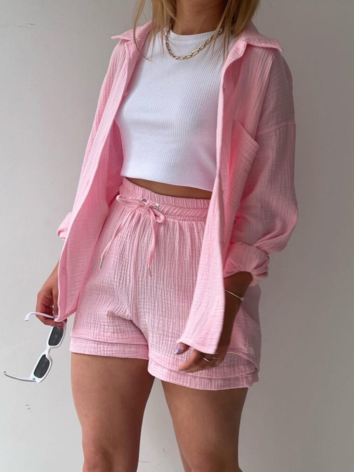 TFE: Texture Button Up Shirt and Drawstring Shorts Set