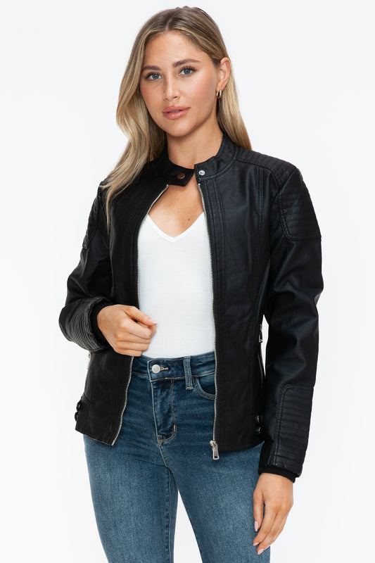 TFE:Snobbish Faux Leather Biker Jacket with Side Zip Pockets