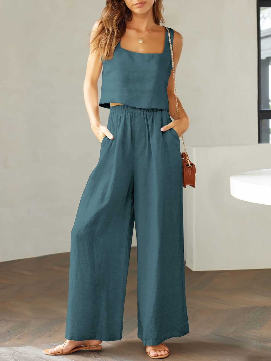 TFE: Square Neck Top and Wide Leg Pants Set