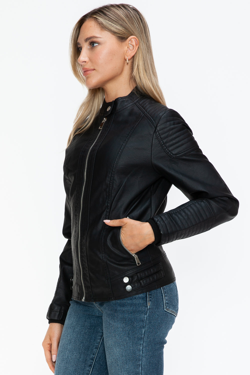 TFE:Snobbish Faux Leather Biker Jacket with Side Zip Pockets