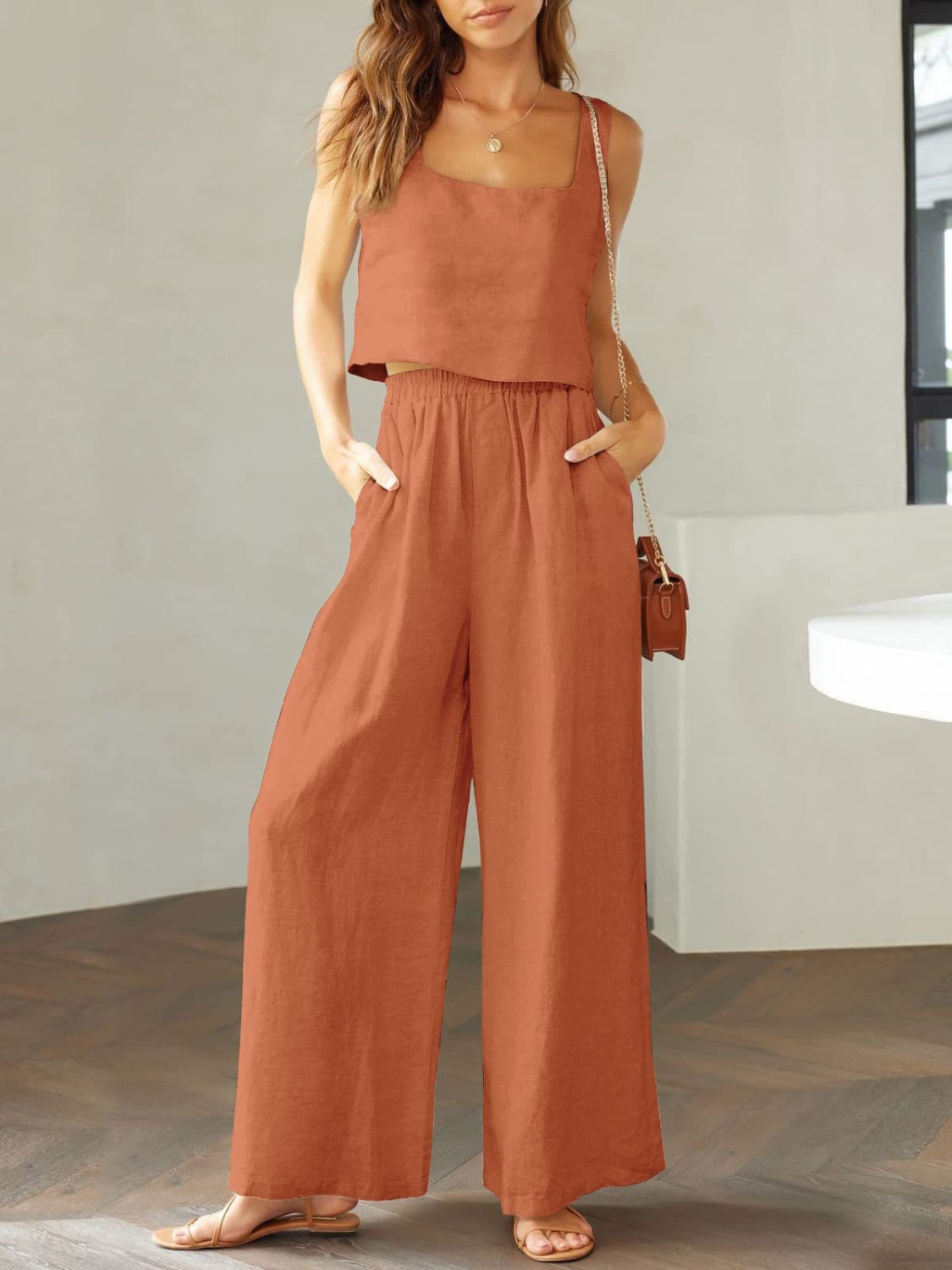 TFE: Square Neck Top and Wide Leg Pants Set