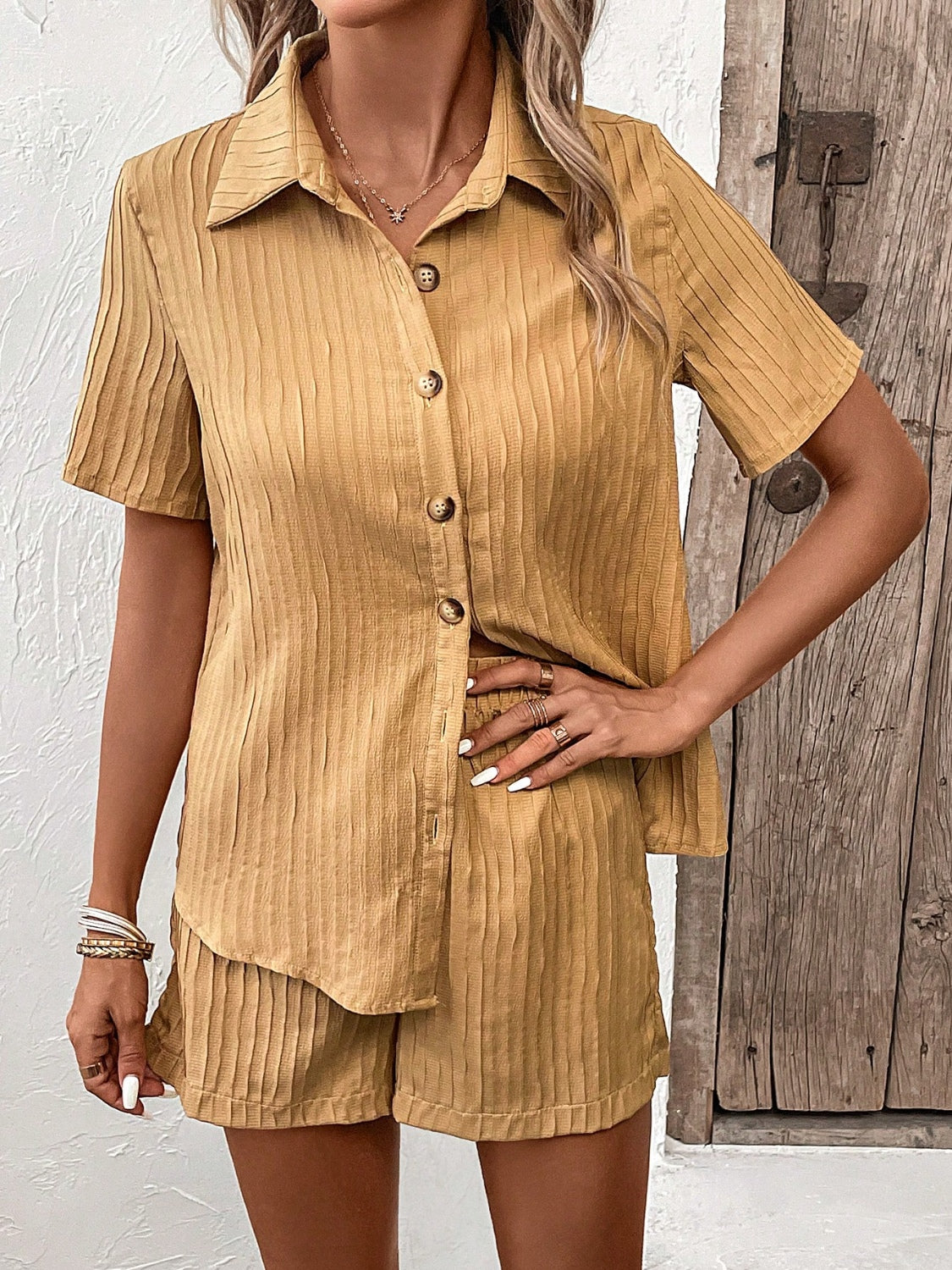 TFE: Sunrise Serenity Textured Shirt & Shorts Ensemble