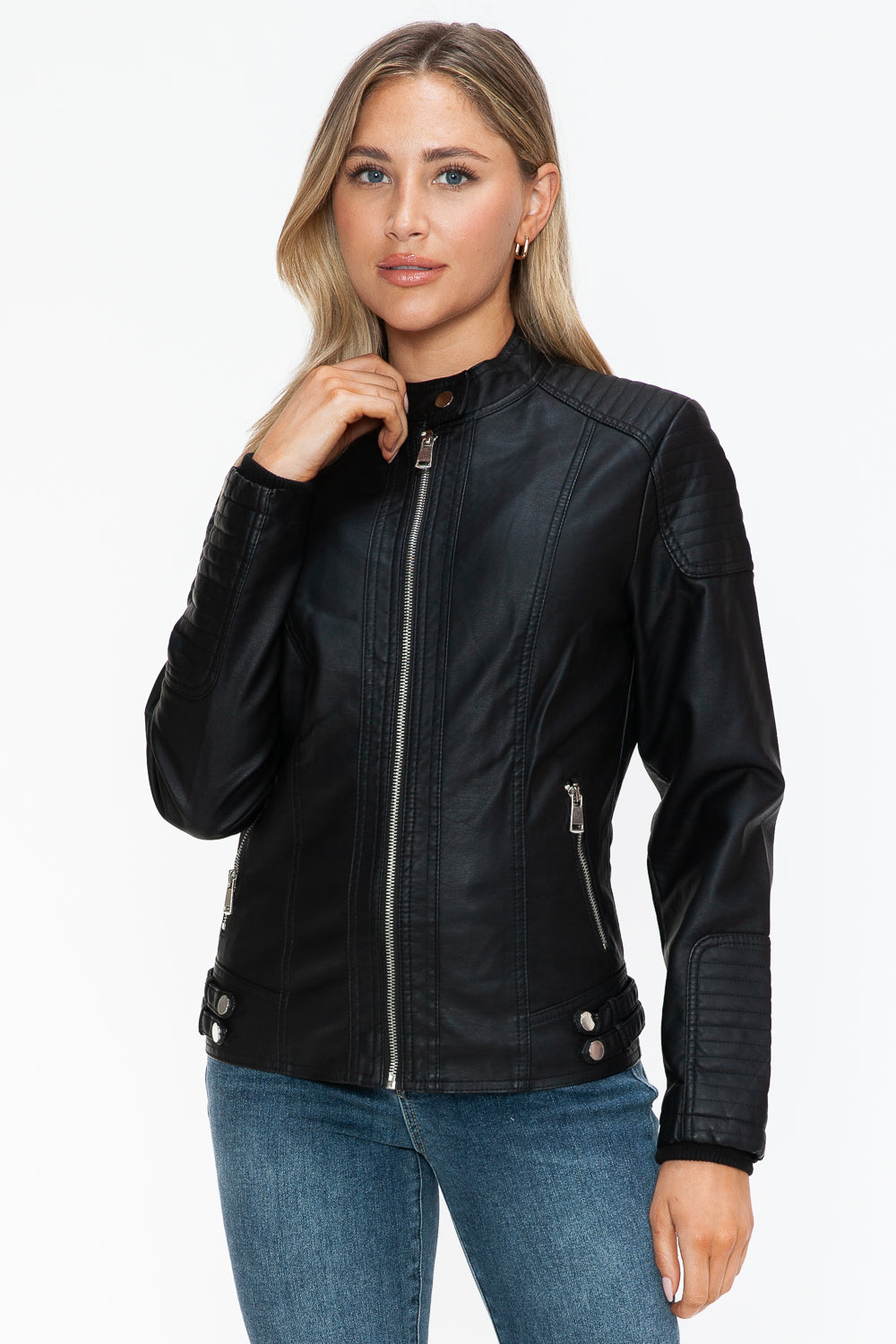 TFE:Snobbish Faux Leather Biker Jacket with Side Zip Pockets