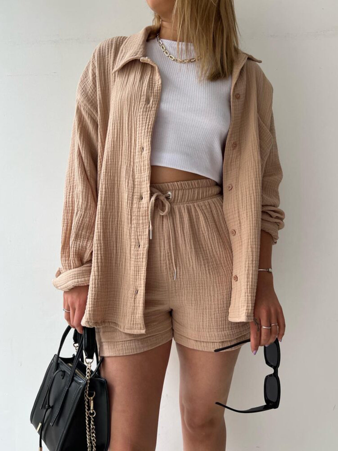 TFE: Texture Button Up Shirt and Drawstring Shorts Set