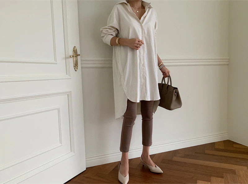 TFE: Chic Spring Stripes Comfy Oversized Cotton Blouse Dress