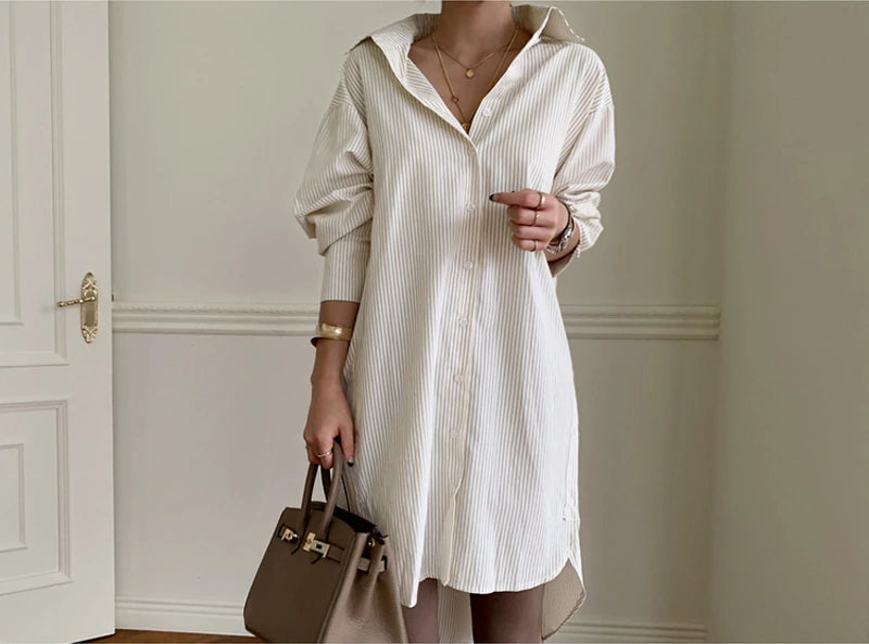 TFE: Chic Spring Stripes Comfy Oversized Cotton Blouse Dress