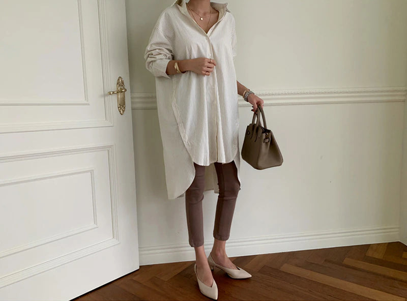 TFE: Chic Spring Stripes Comfy Oversized Cotton Blouse Dress