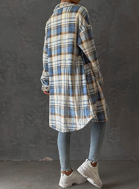 TFE: Ladies' Stylish Plaid Pattern Longline Shirt Coat