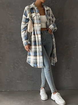 TFE: Ladies' Stylish Plaid Pattern Longline Shirt Coat