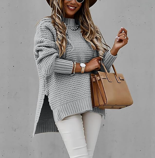 TFE: Chic Slouched Turtleneck Sweater with Stylish Sleeve Drop and Side Slit