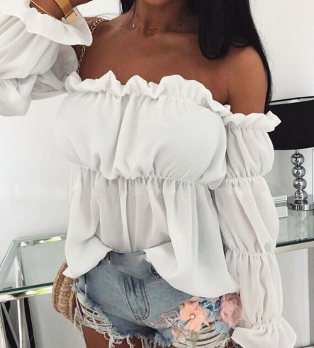 TFE: Lace Elegance- Off-Shoulder Ruffled Blouse with a Touch of Solid Color