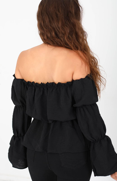 TFE: Lace Elegance- Off-Shoulder Ruffled Blouse with a Touch of Solid Color