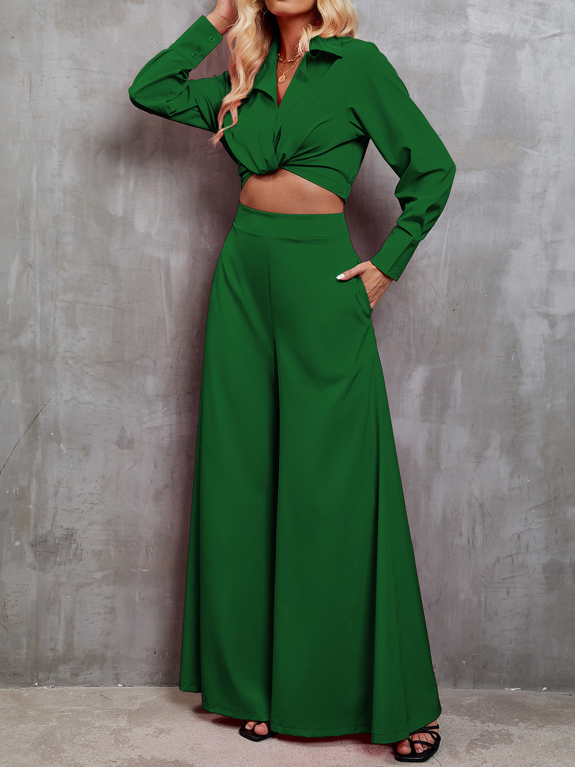 TFE: Collared Neck Long Sleeve Top and Wide Leg Pants Set