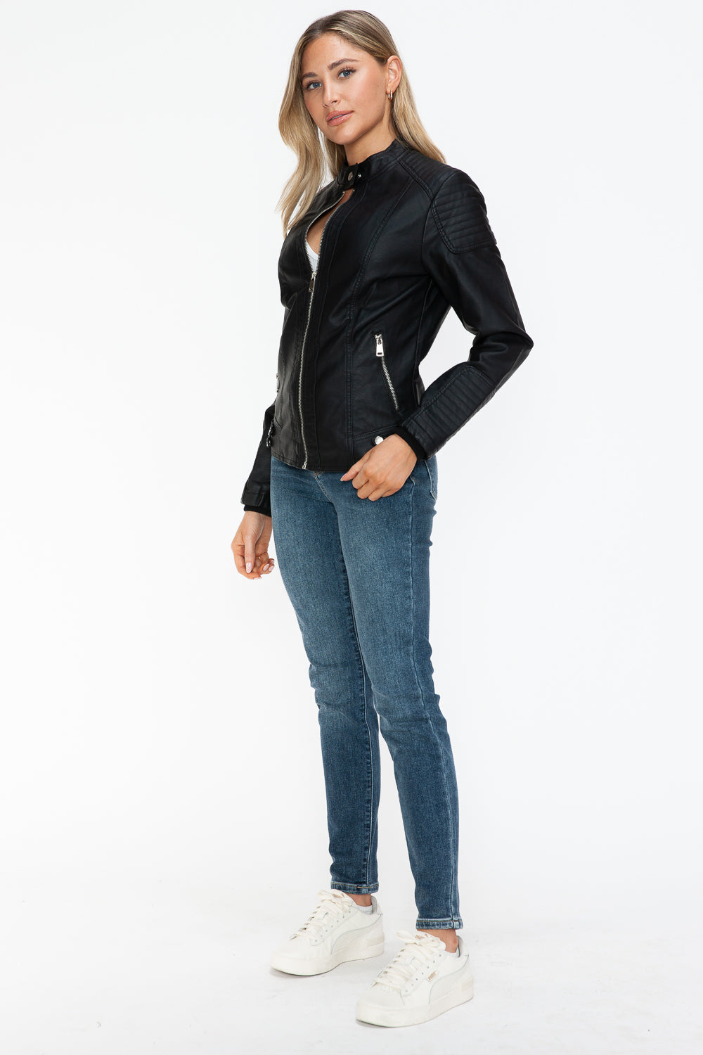 TFE:Snobbish Faux Leather Biker Jacket with Side Zip Pockets