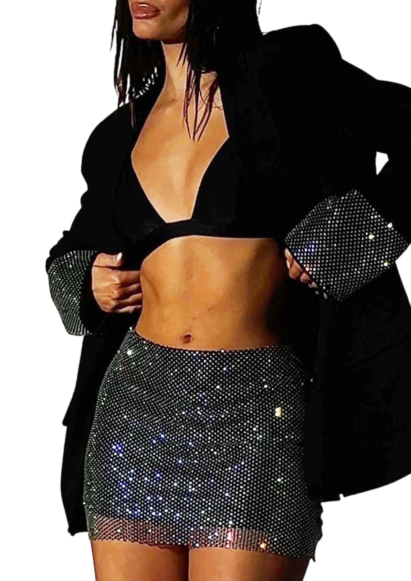 TFE: Sparkling Diamond Outfit Set - Dazzling Blazers & Fishnet Skirt Set for Women's Glamour Galore